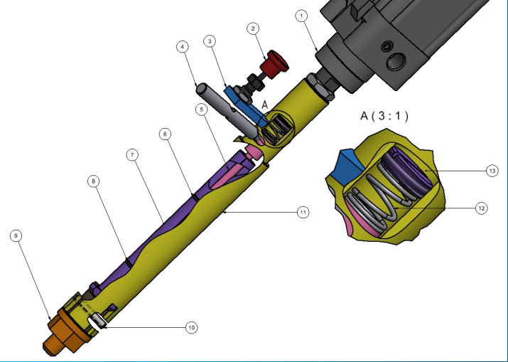 1 (Hydraulikzyinder) - 2 (Einrastbolzen) - 3 (Anschweiplatte) - 4 (Spannhebel) - 5 (Spreizdorn) - 6 (Nut mit O-Ring) - 7 (Spreizbacken) - 8 (Nut mit O-Ring) - 9 (Kopfstck) - 10 (Bolzen) - 11 (Gehuse) - 12 (Feder) - 13 (Druckplatte)